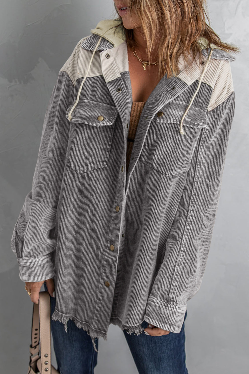 Gray Color Block Button Down Hooded Corduroy Jacket Dear-Lover Dropshipping