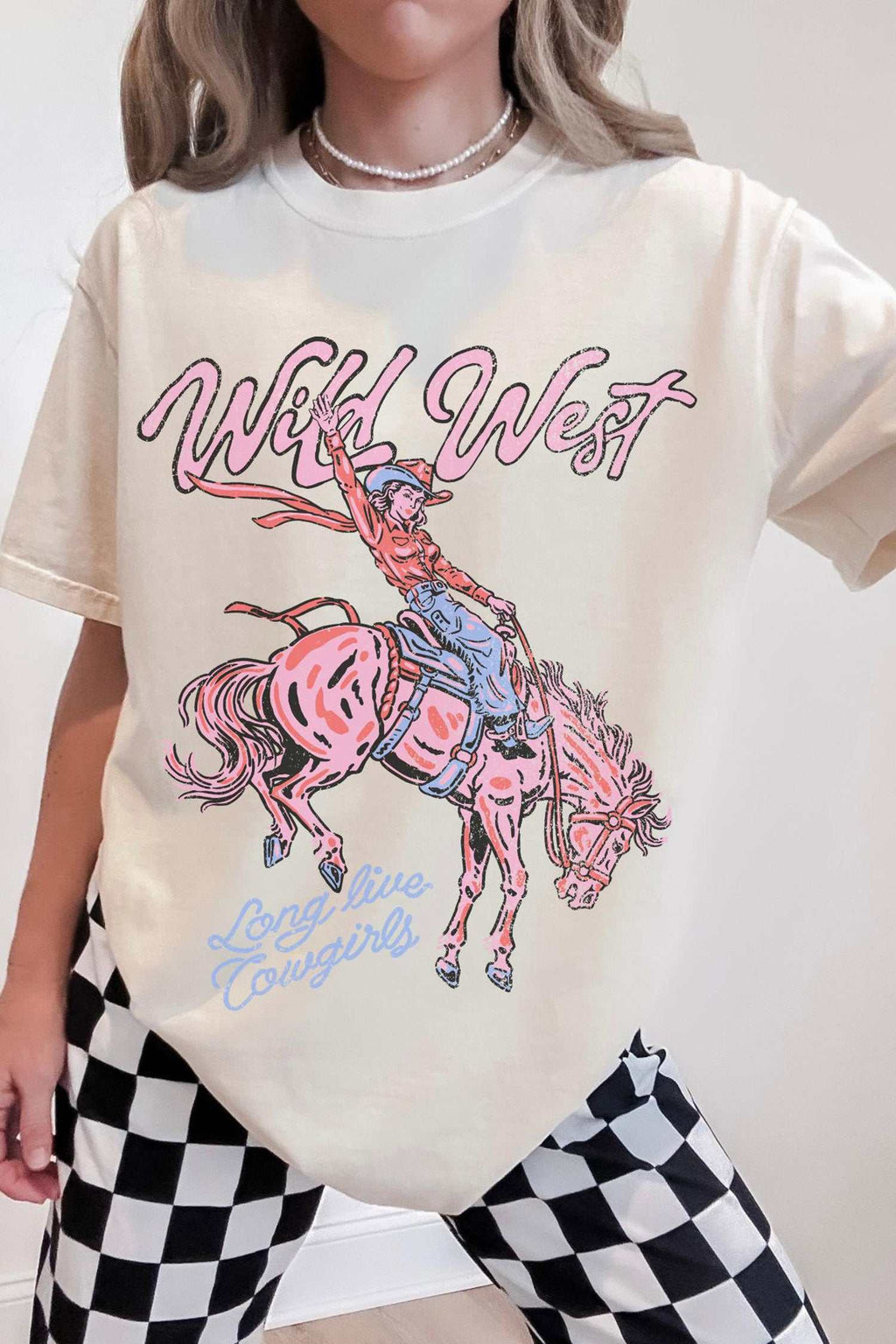 Women's white tunic tee with Wild West cowgirl rodeo graphic