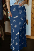 Women's navy blue satin maxi skirt with western print