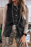 Women's black button front denim vest with slit detail
