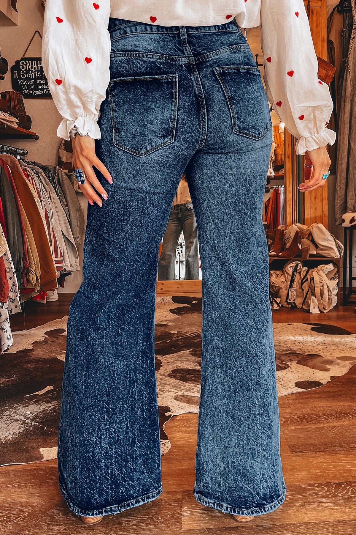 Blue acid wash flare jeans, view 20