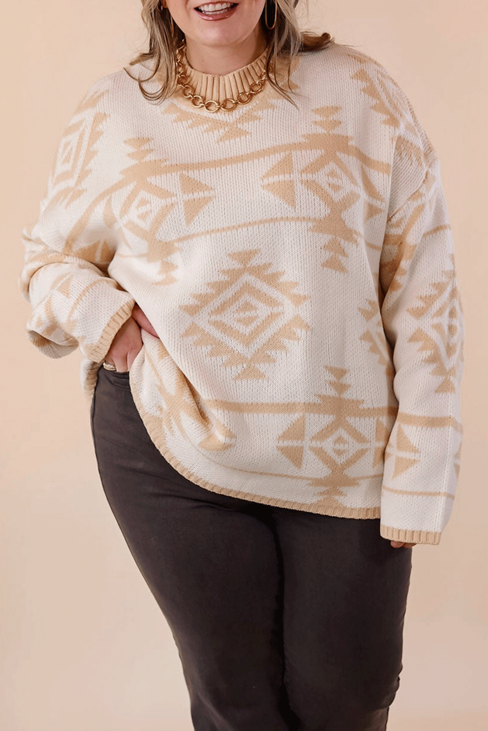 Apricot aztec plus size sweater, view 8