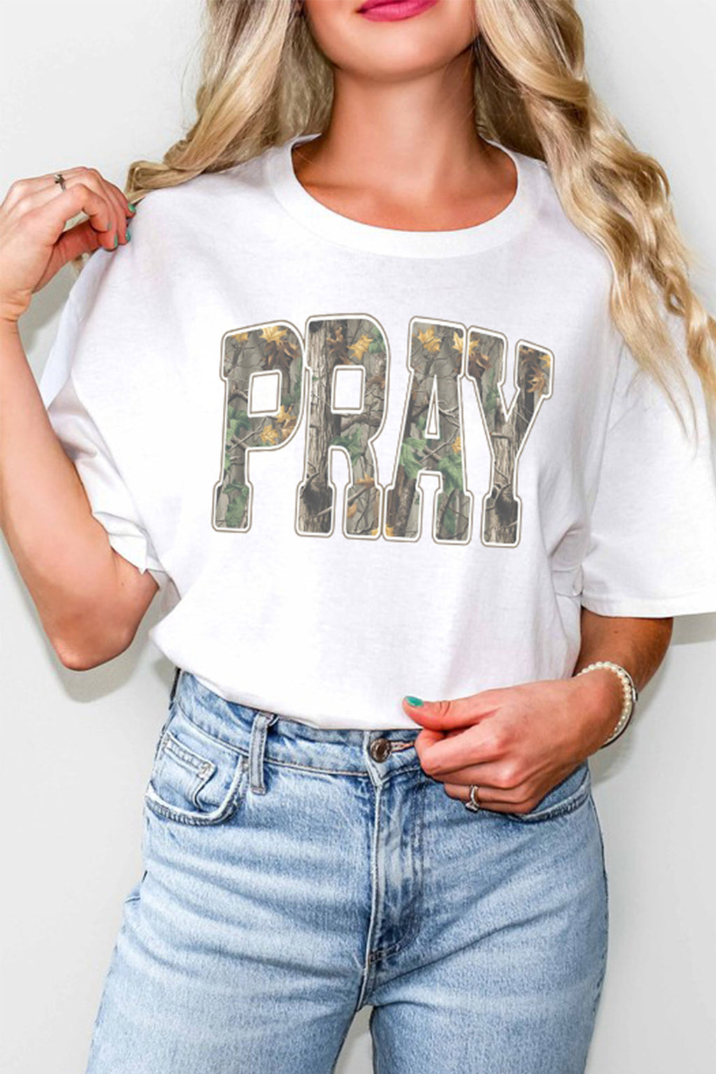 White PRAY camo tee, view 6