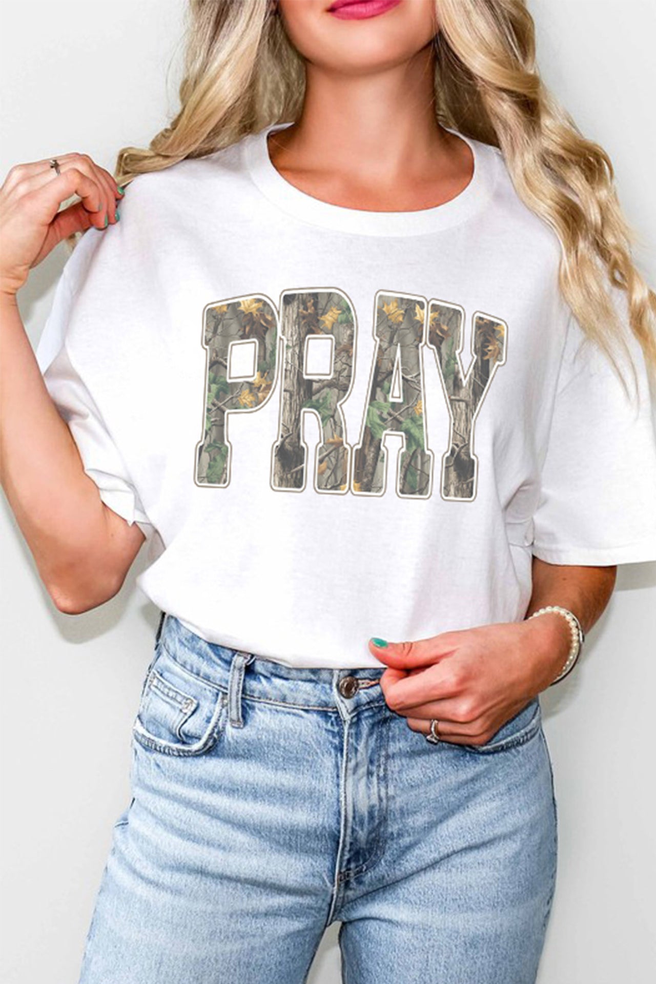White PRAY camo letter print t-shirt studio front view