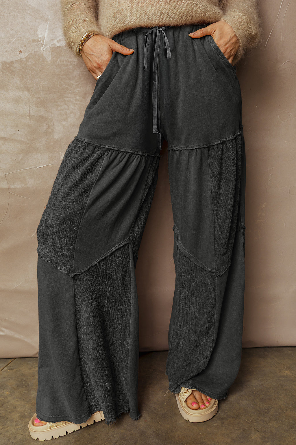 Black tiered wide leg pants, view 4