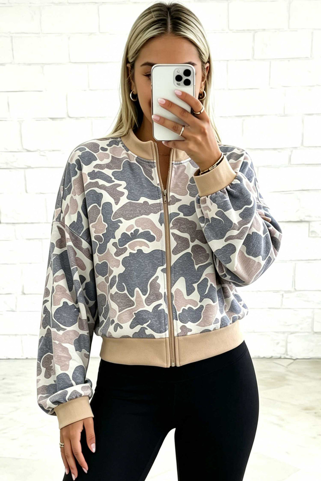 Camo zip bomber sweatshirt, view 3