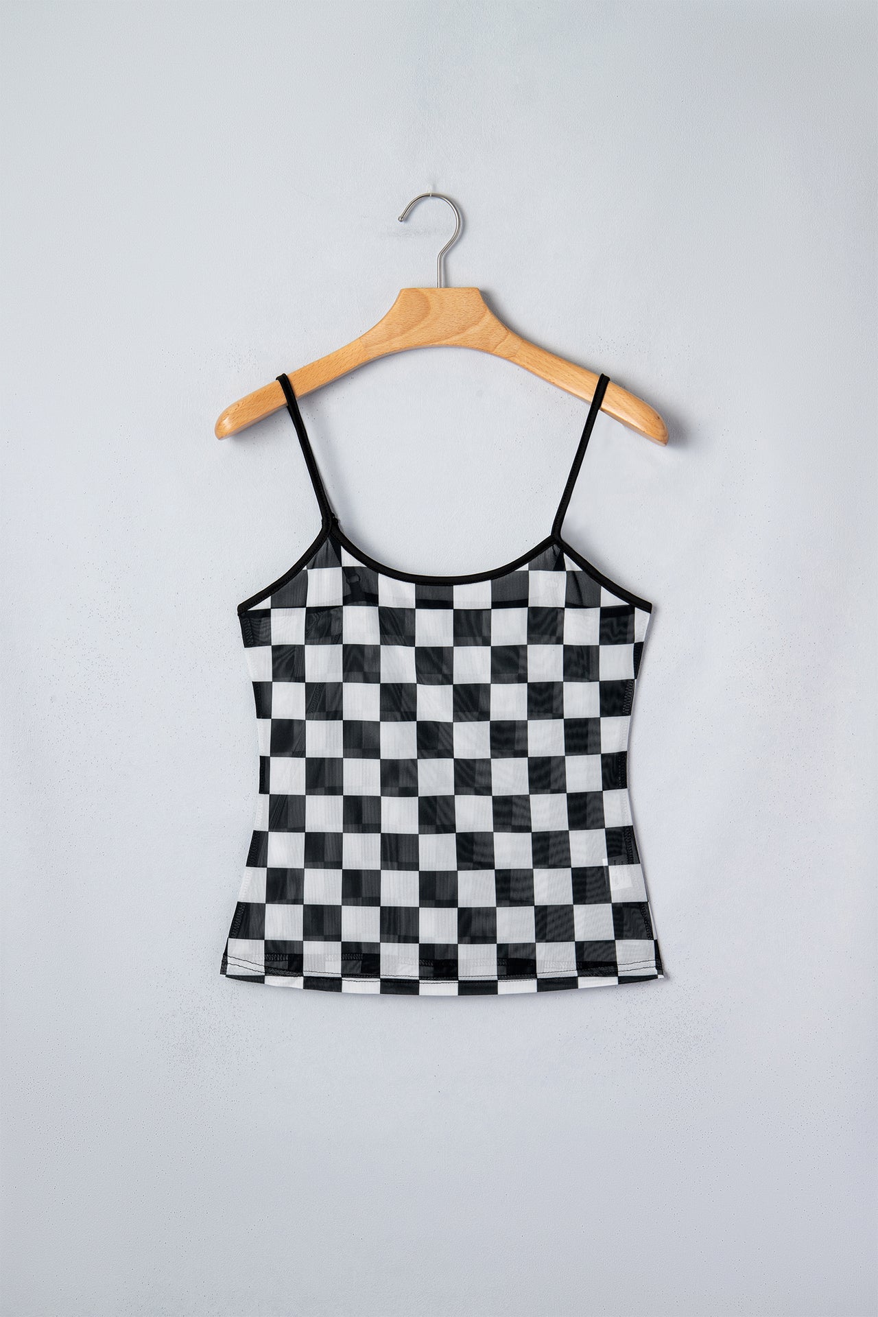 Black Sheer Checkered Print Spaghetti Straps Slim Tank Top