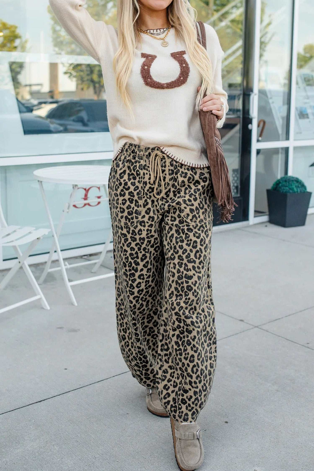 Khaki leopard loose denim pants, view 3