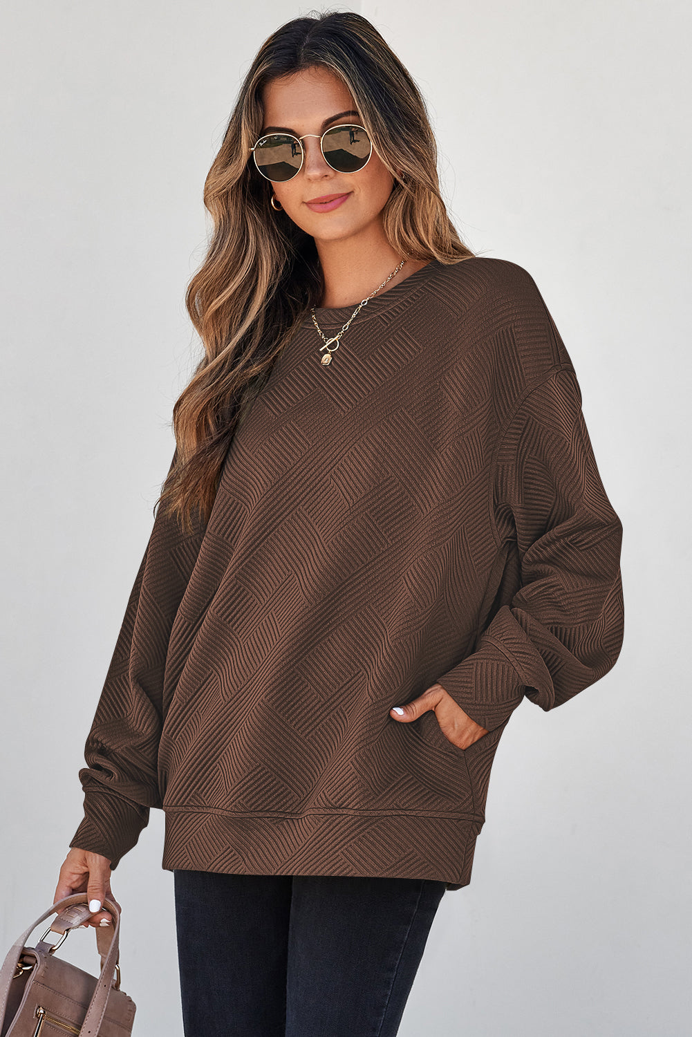 Coffee textured pullover, view 3