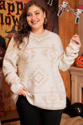 Plus size apricot loose sweater with western aztec print