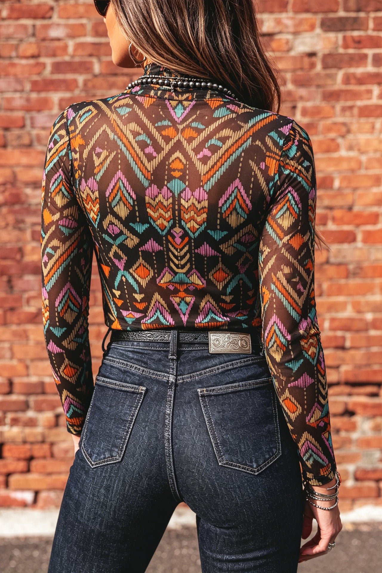 Black Abstract Print Stand Neck Mesh Top