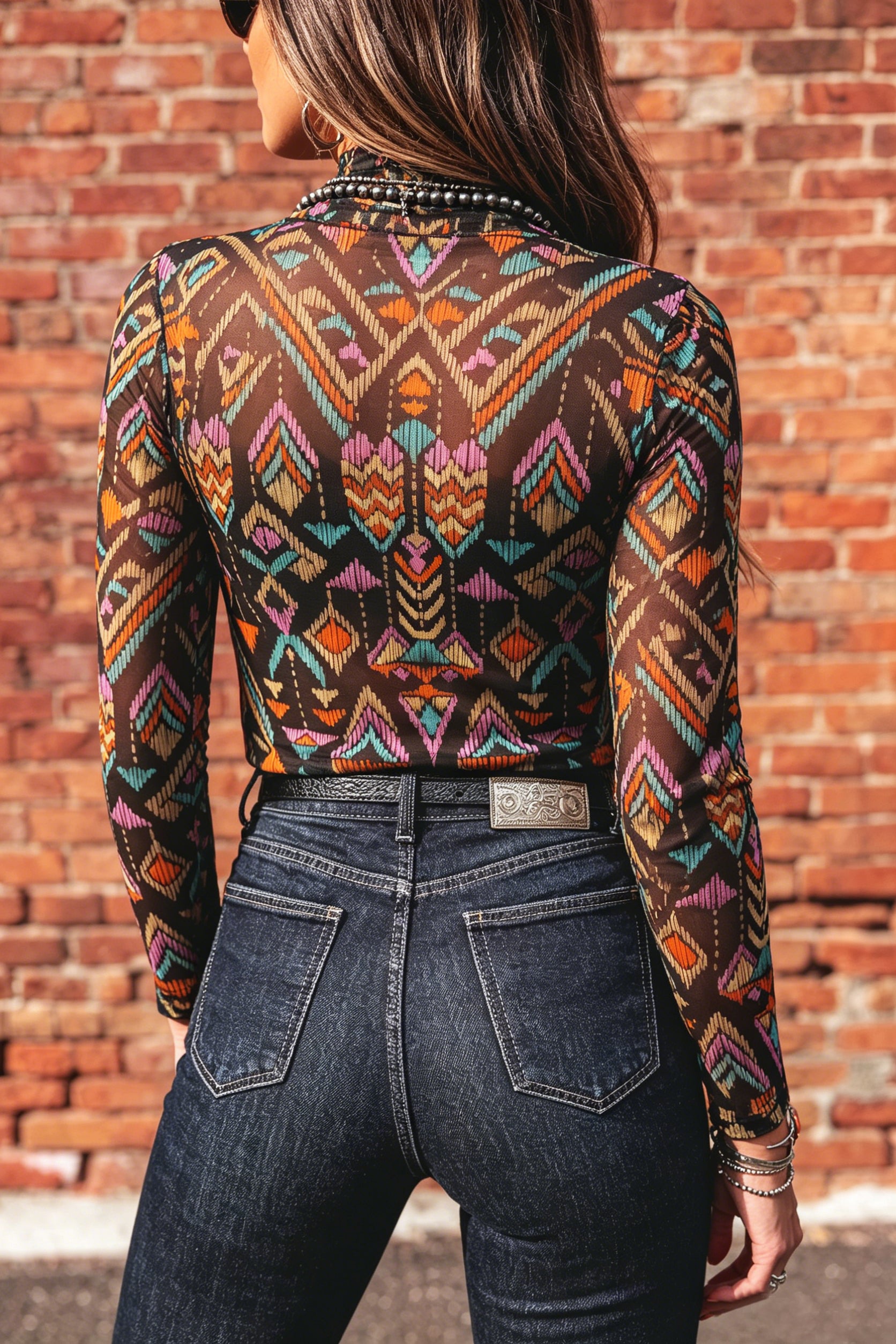 Black Abstract Print Stand Neck Mesh Top