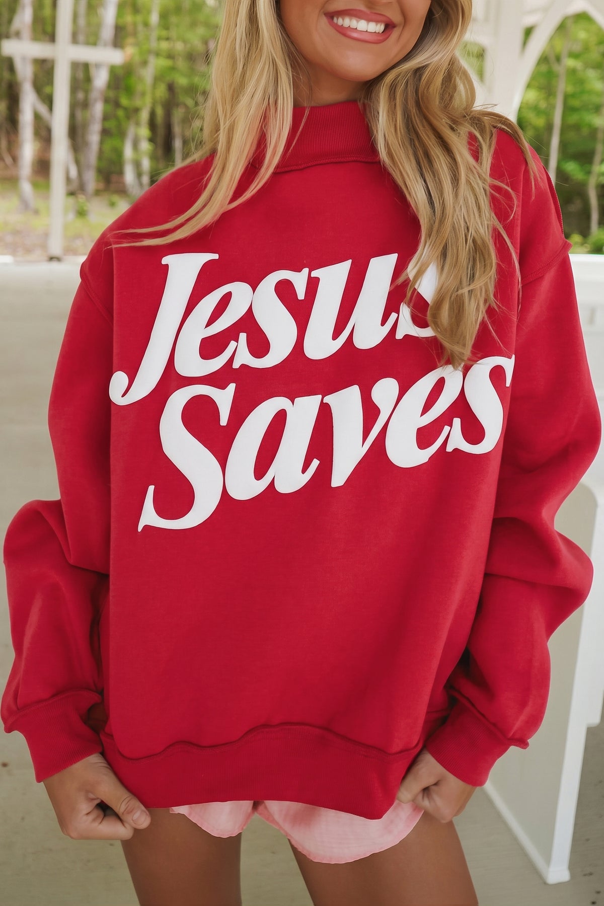 Dark Brown Jesus Saves Slogan Print Stand Neck Baggy Sweatshirt Dear-Lover Dropshipping