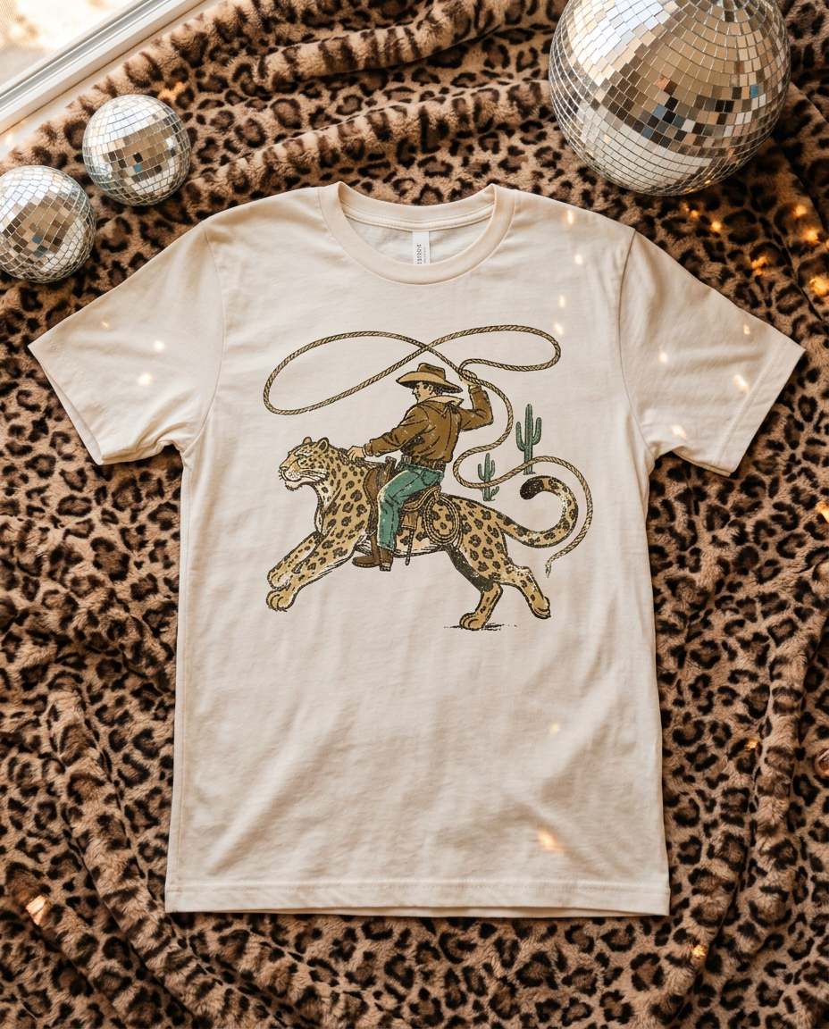 White Leopard Rodeo Cowboy Graphic Tee flat lay on leopard blanket