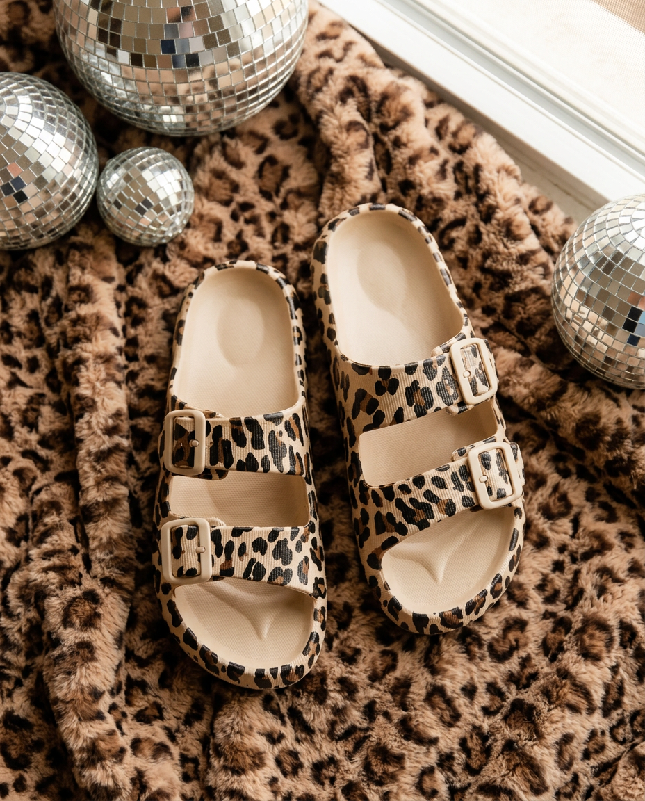 Leopard Double Buckle EVA Slippers flat lay on leopard blanket