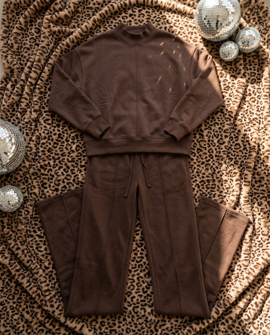 Coffee Piping Trim Mock Neck Pant Set flat lay on leopard blanket