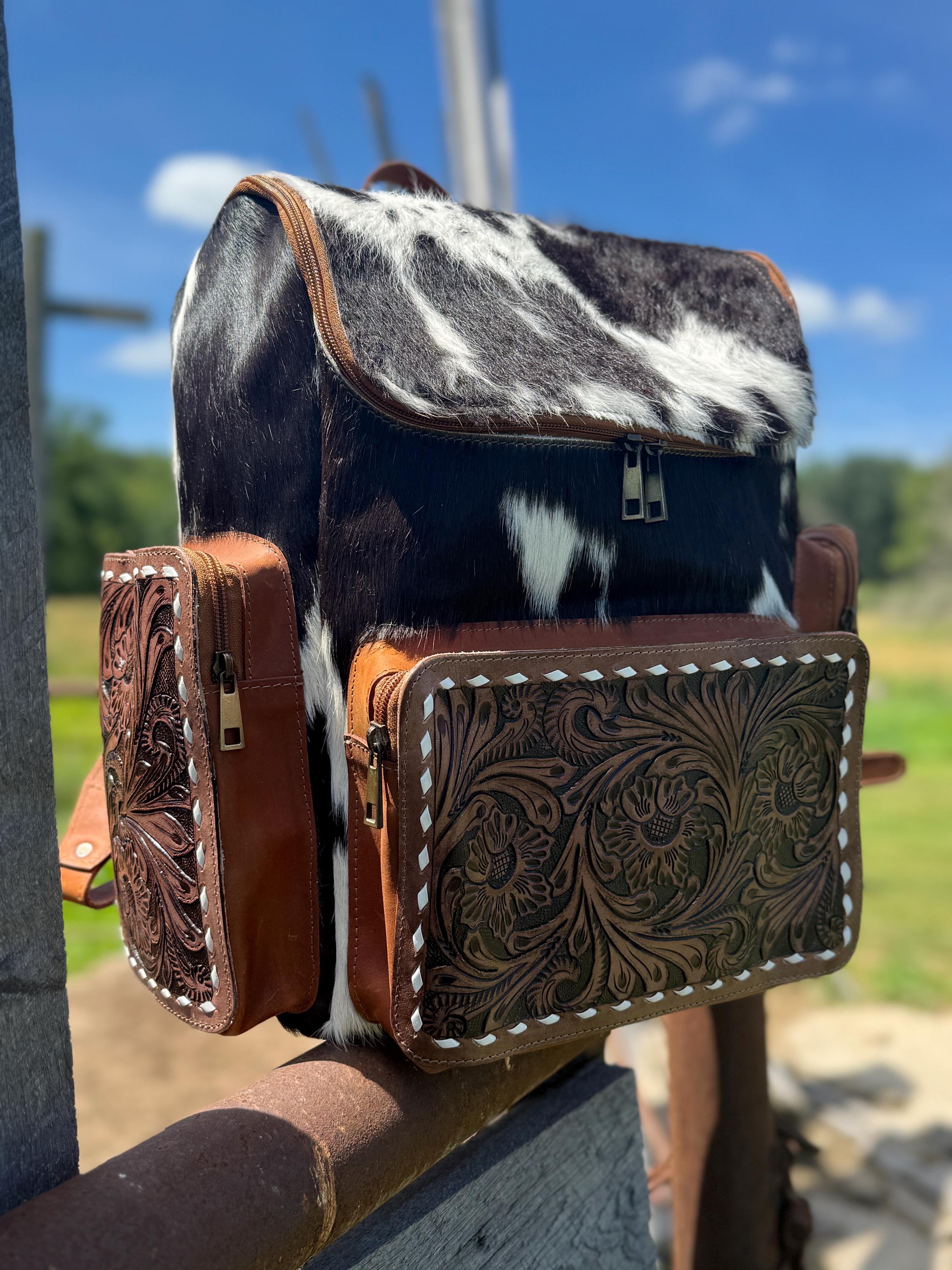 Genuine Western Cowhide Leather Backpack Diaper Bag Personal Item carry-on luggage by Double B Wild Rags