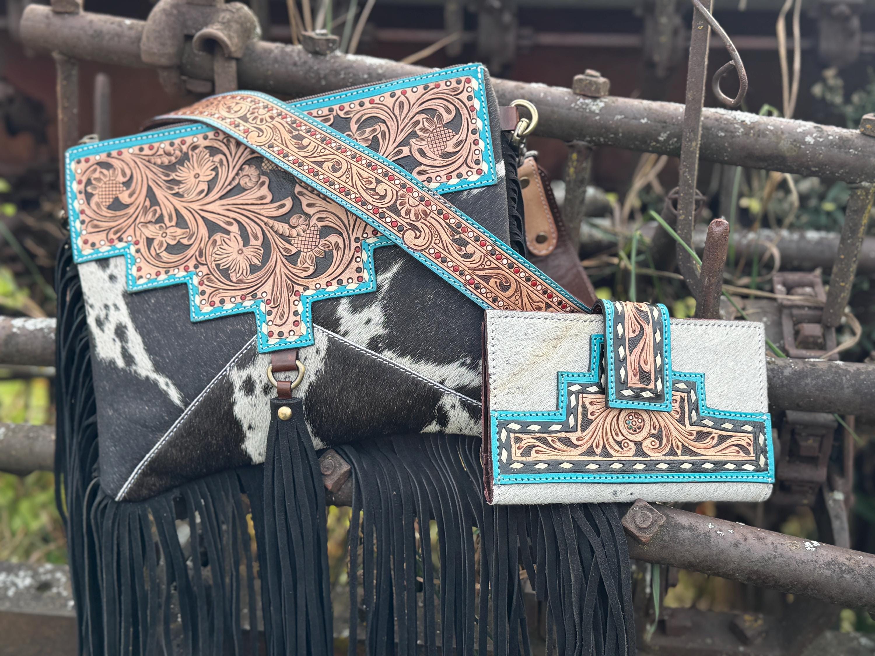 Black and Turquoise Genuine Western Cowhide Leather Purse with fringe by Double B Wild Rags