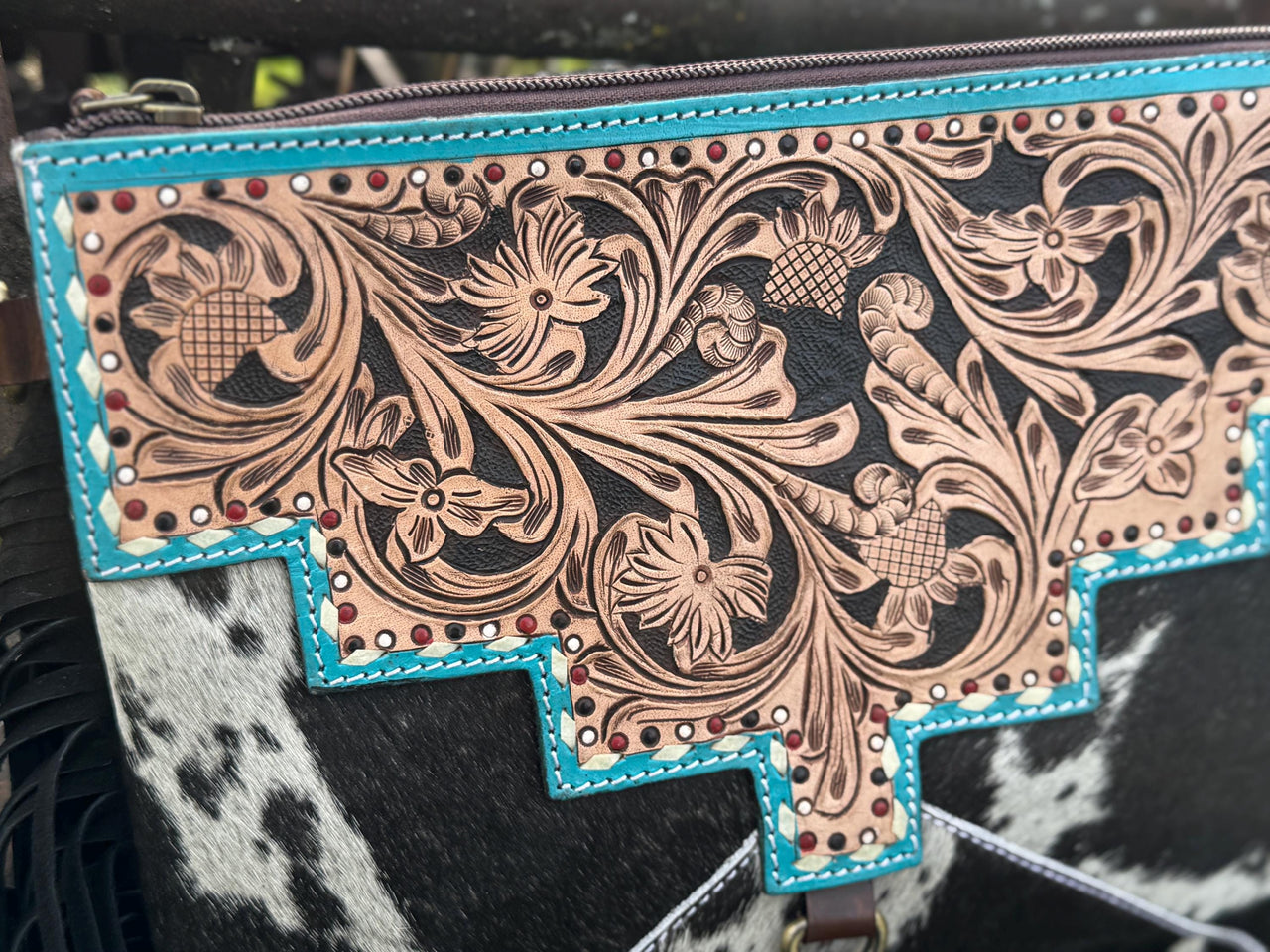 Black and Turquoise Genuine Western Cowhide Leather Purse with fringe by Double B Wild Rags