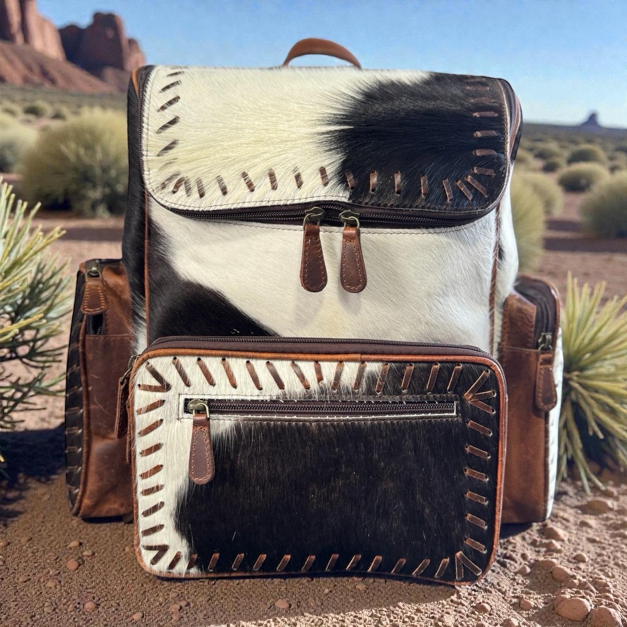 Genuine Western cowhide leather backpack diaper bag with full grain tooled leather and adjustable straps