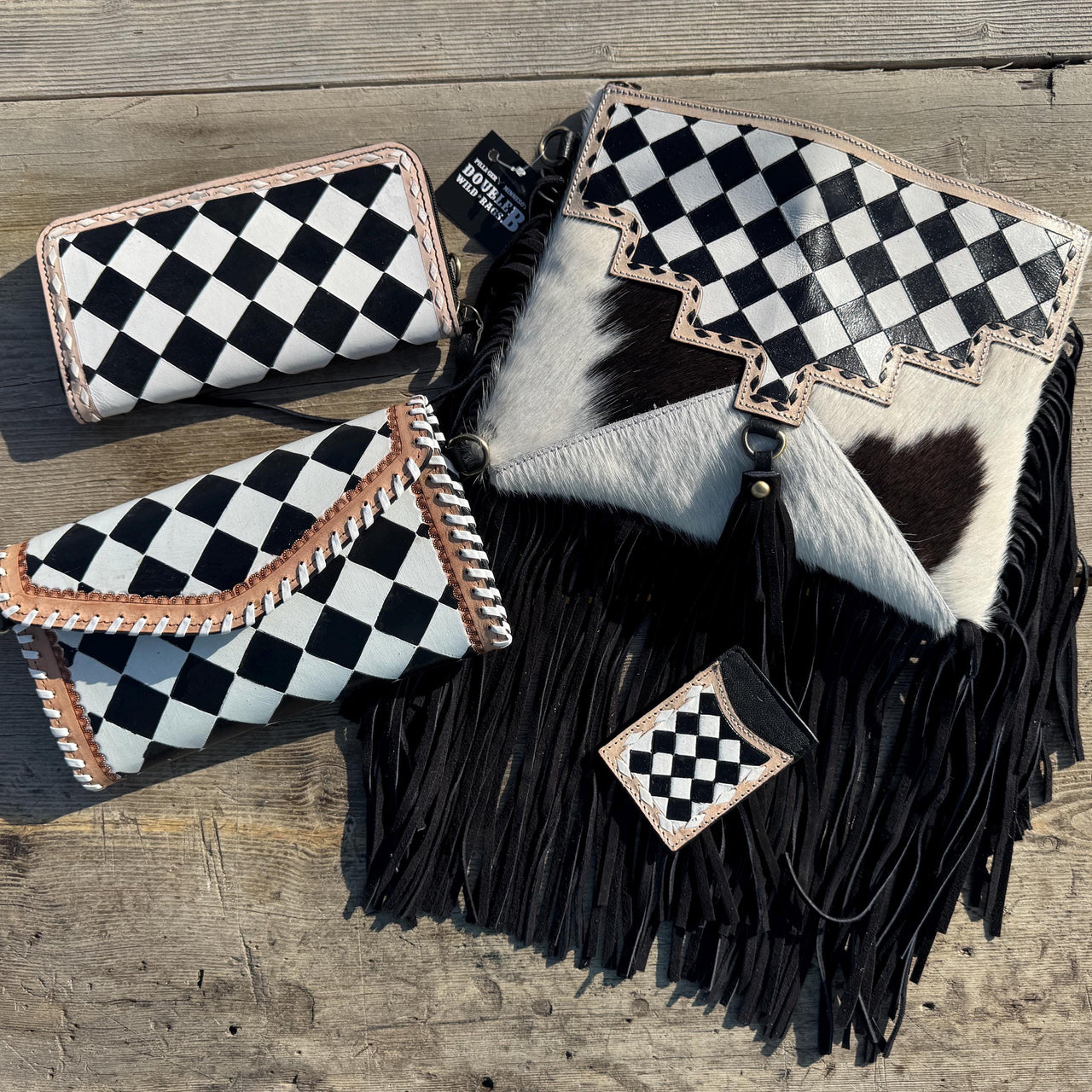 Checkered black and white genuine leather western purse with fringe and adjustable strap by Double B Wild Rags