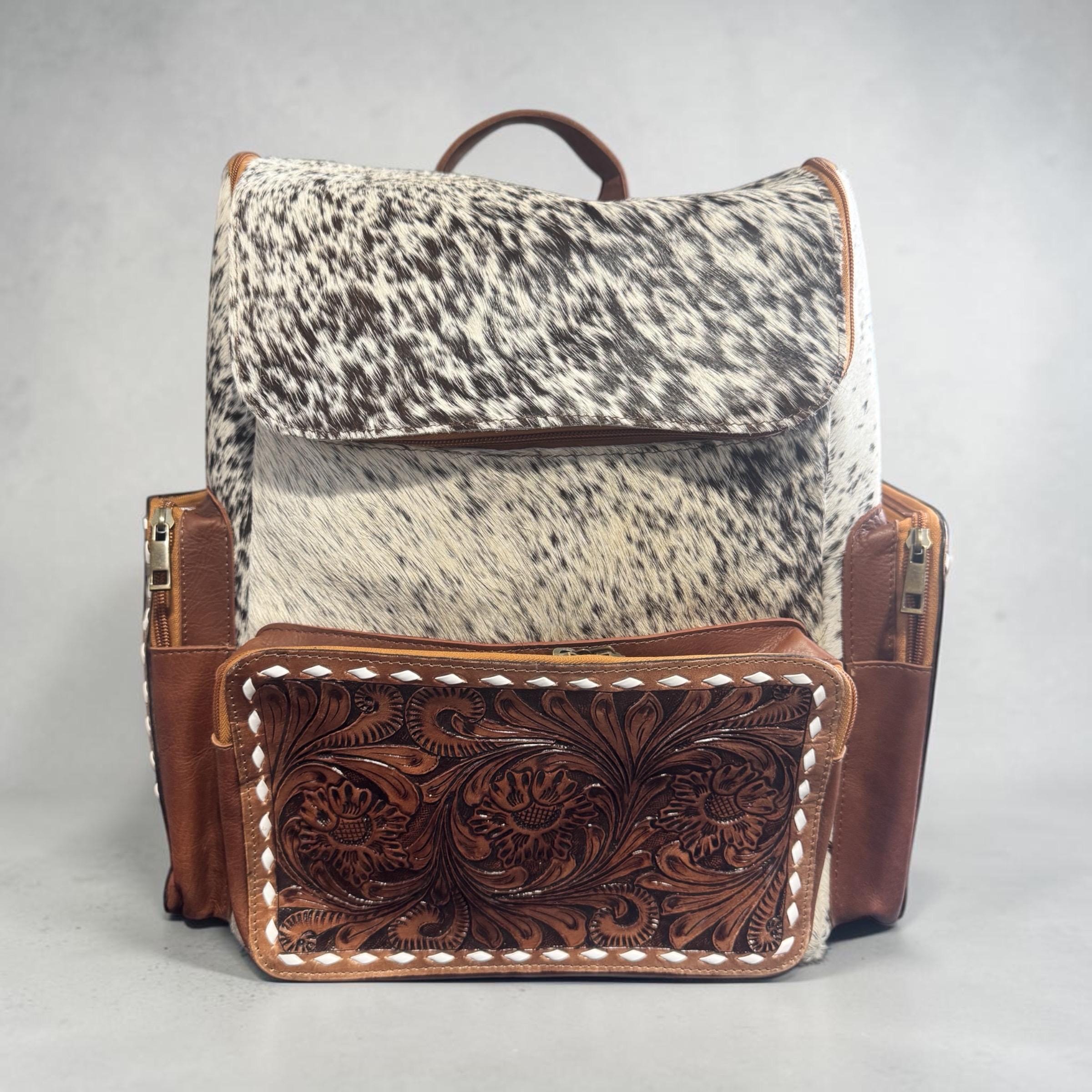 Genuine Western Cowhide Leather Backpack Diaper Bag Personal Item carry-on luggage by Double B Wild Rags