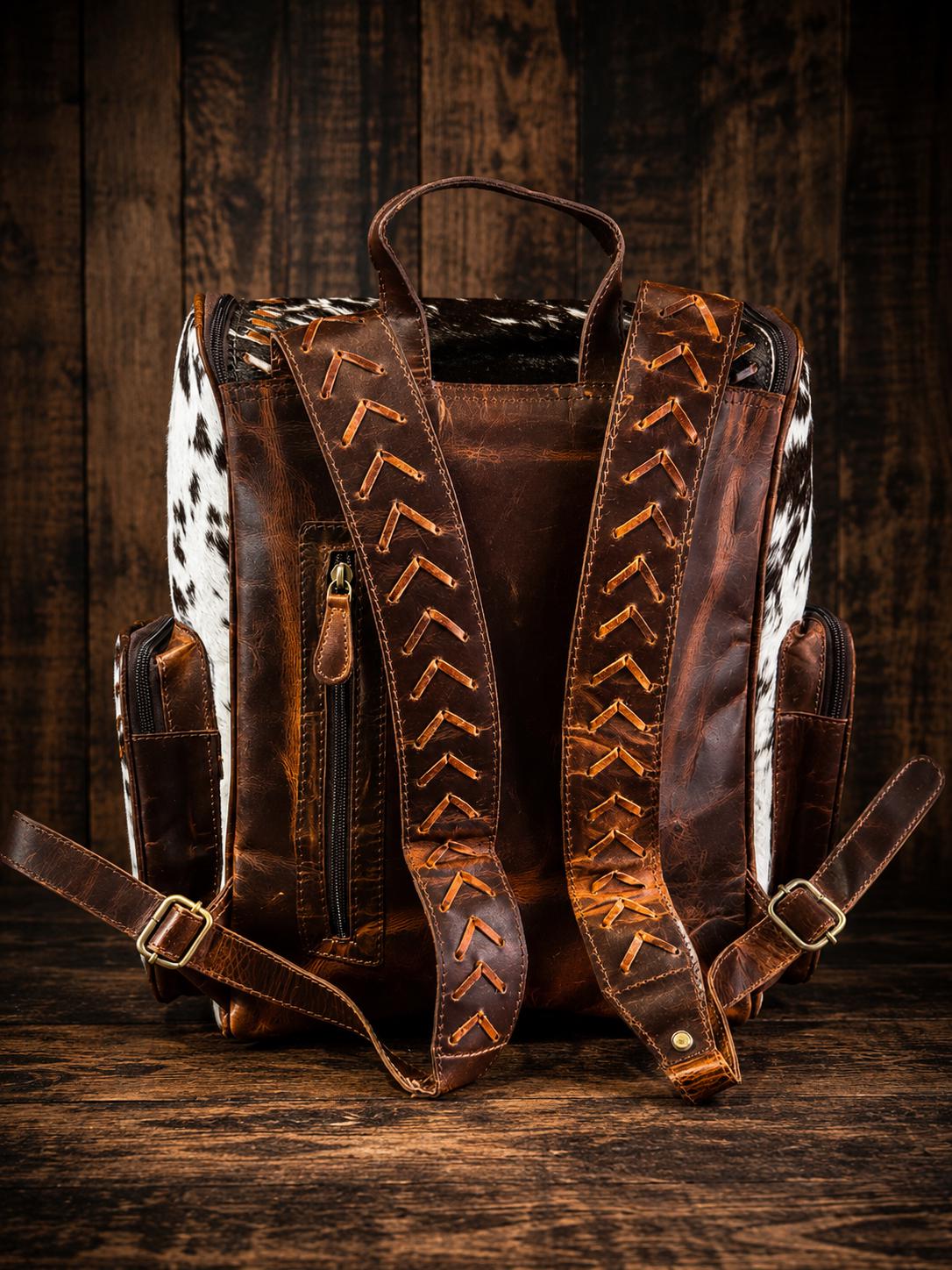 Open Range Genuine Cowhide Leather Backpack - Brindle or Spotted