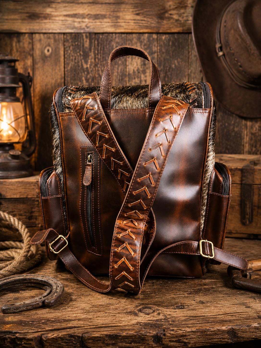 Open Range Genuine Cowhide Leather Backpack - Brindle or Spotted