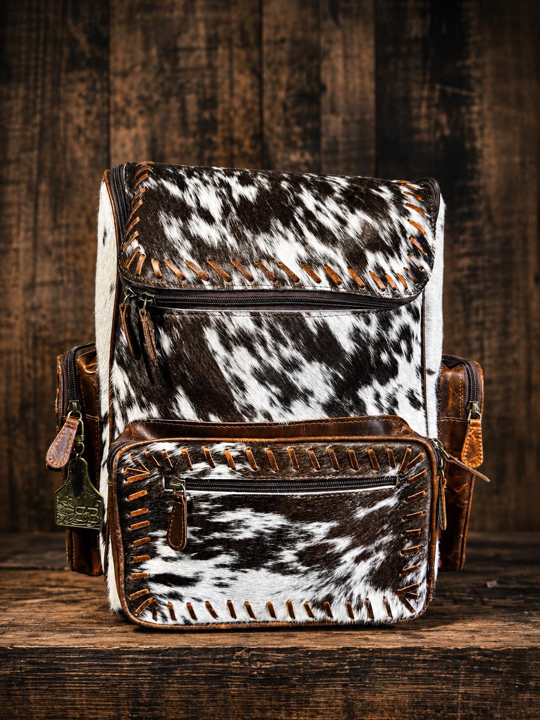 Open Range Genuine Cowhide Leather Backpack - Brindle or Spotted