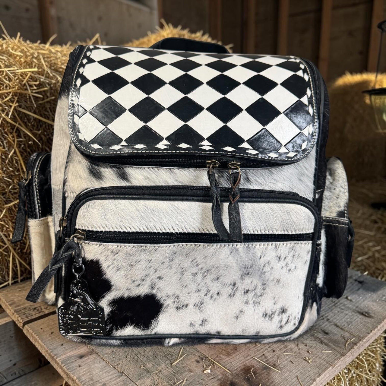 Checkered Genuine Cowhide Leather Backpack by Double B
