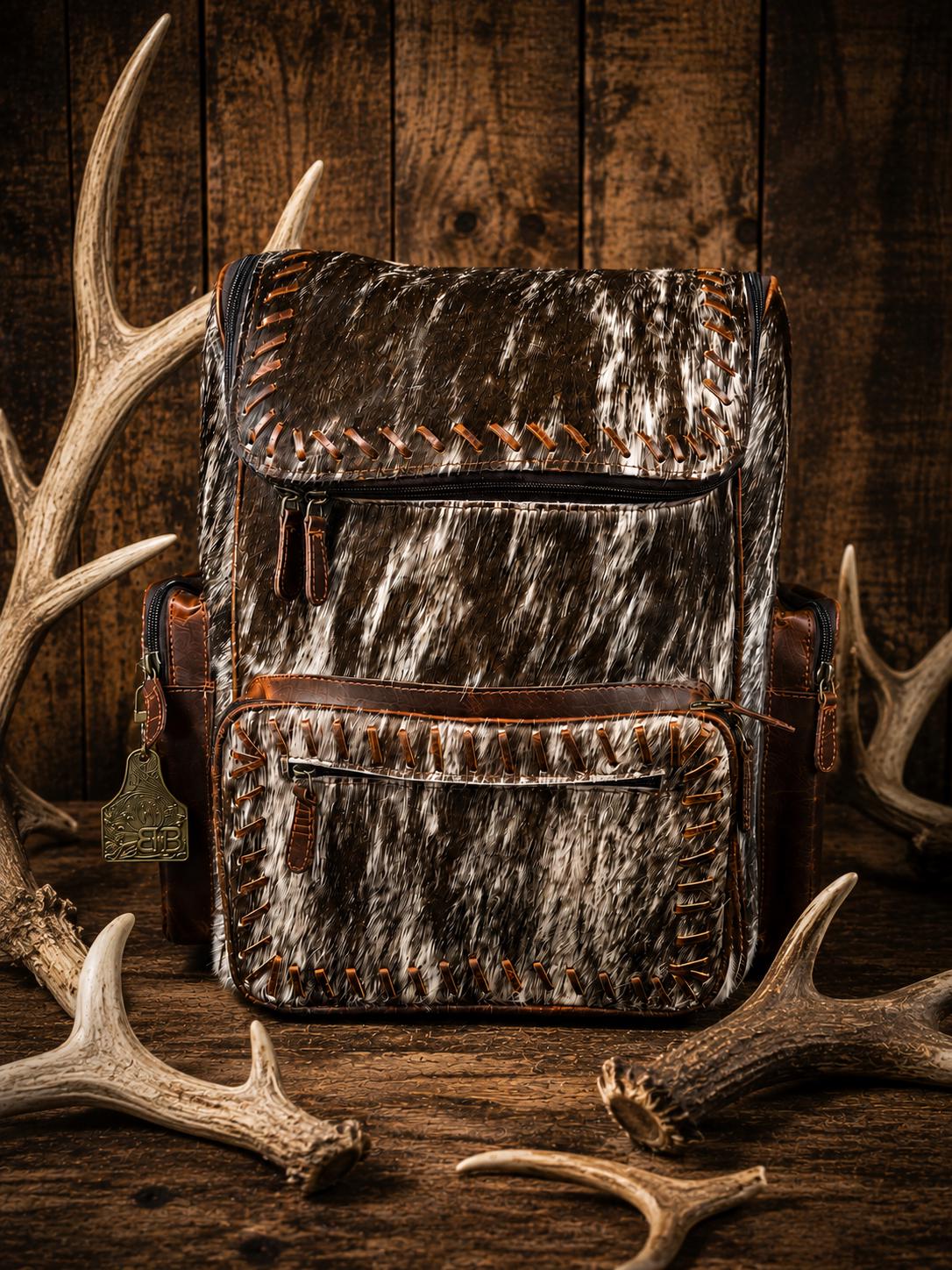 Open Range Genuine Cowhide Leather Backpack - Brindle or Spotted