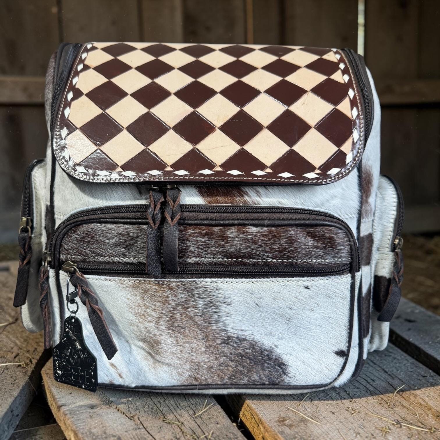 Checkered Genuine Cowhide Leather Backpack by Double B