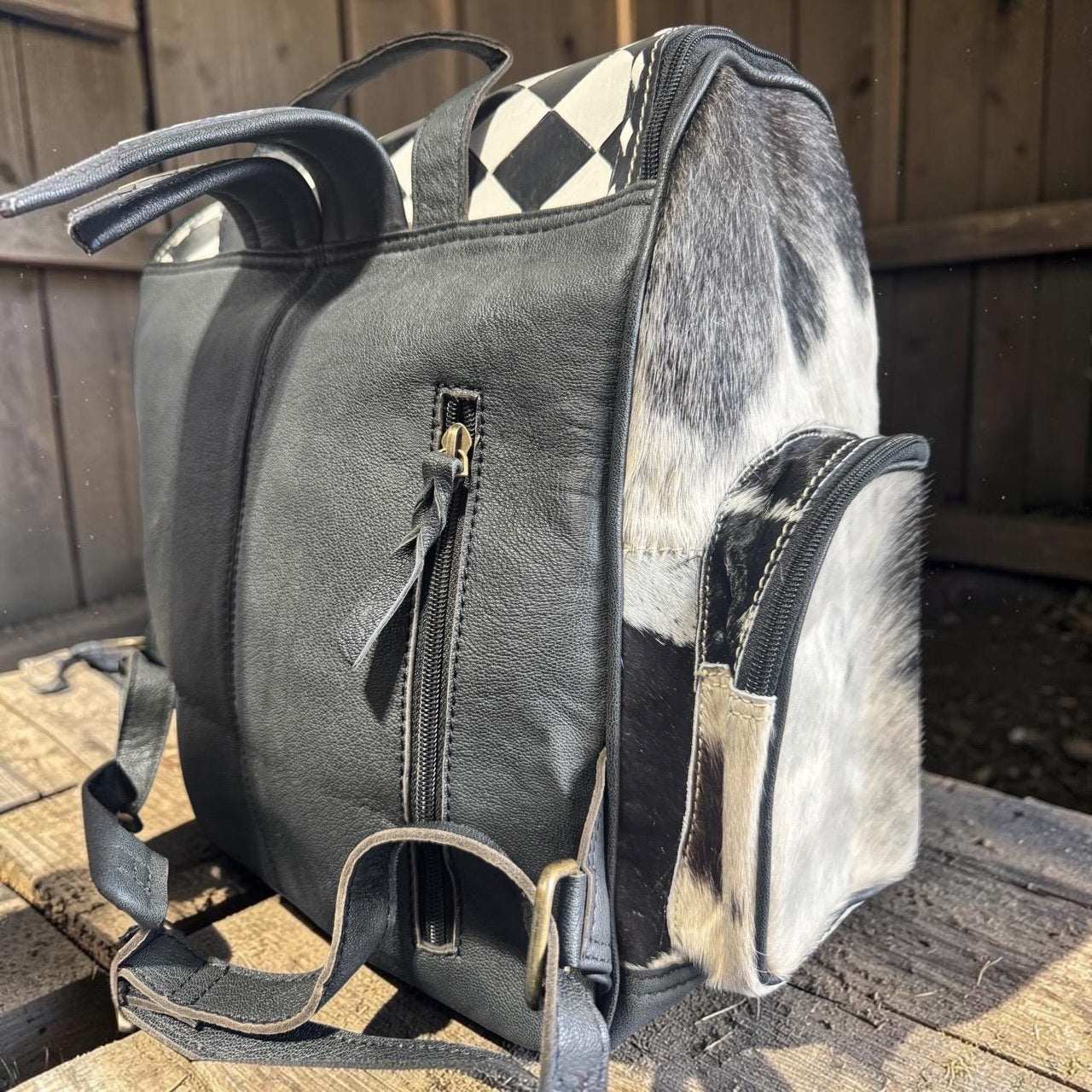 Checkered Genuine Cowhide Leather Backpack by Double B