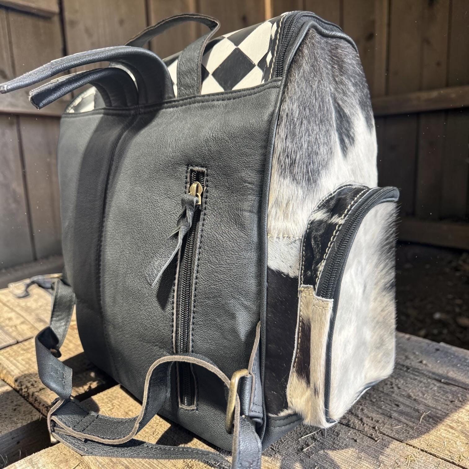 Checkered Genuine Cowhide Leather Backpack by Double B
