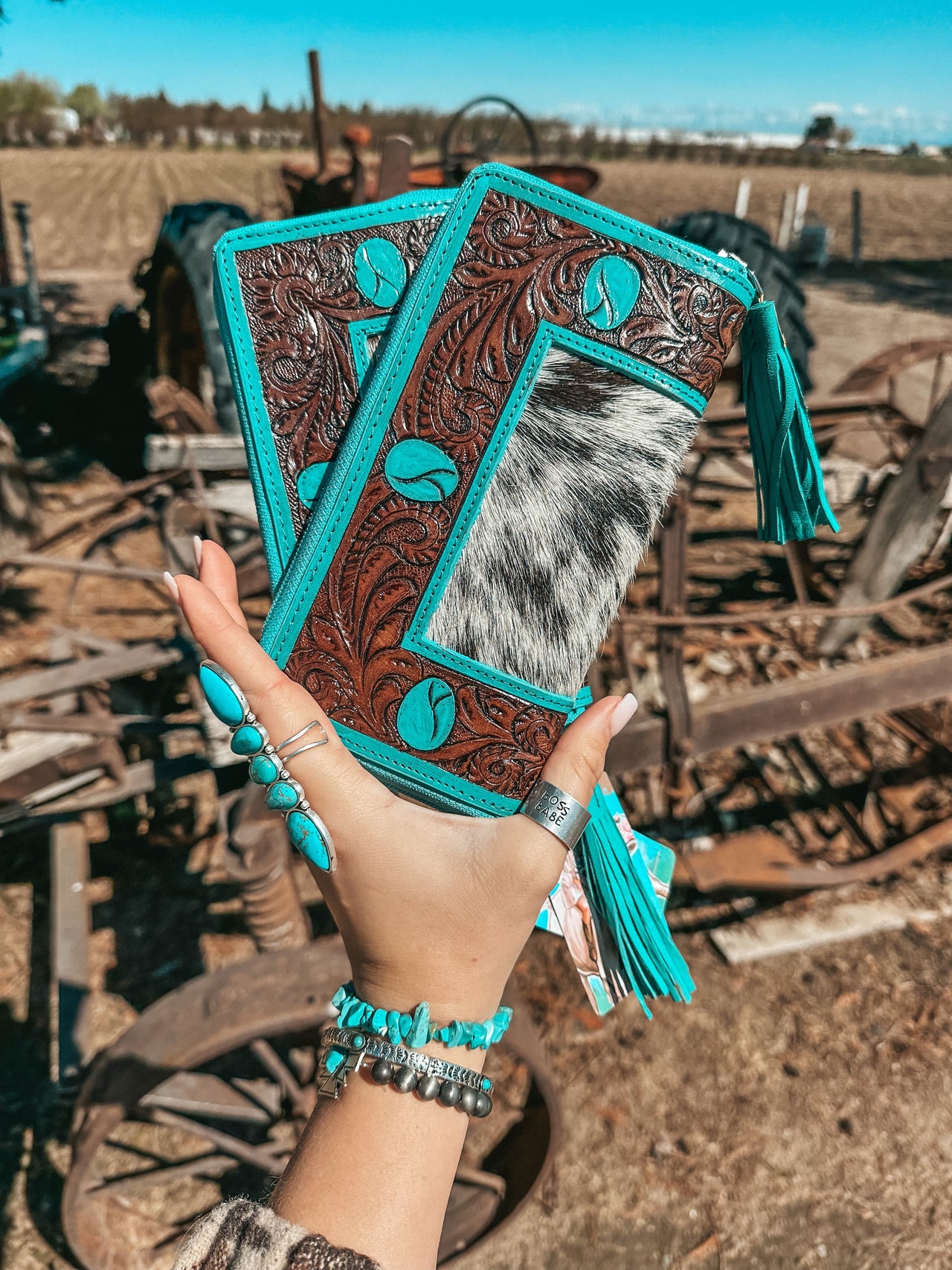 Turquoise Dreams Wallet by Beth Marie with full zipper and 14 credit card slots in turquoise leather