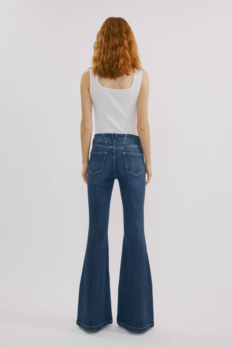 Kan Can High-Rise dark wash super flare jeans with back waistband seam and front coin pocket