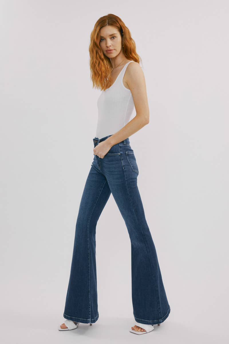 Kan Can High-Rise Super Flare dark wash jeans with back waistband seam and front coin pocket