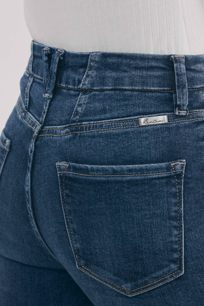 Kan Can High-Rise Super Flare dark wash jeans with back waistband seam and front coin pocket, size 9 remaining