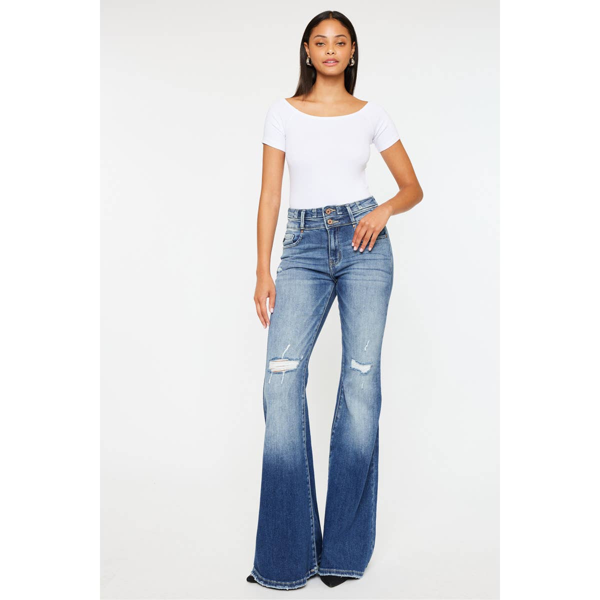 Kan Can High-Rise Super Flare Western Jeans — Dark Stone Wash with Two-Button Zip Fly & Distressed Detailing (Size 7 available)