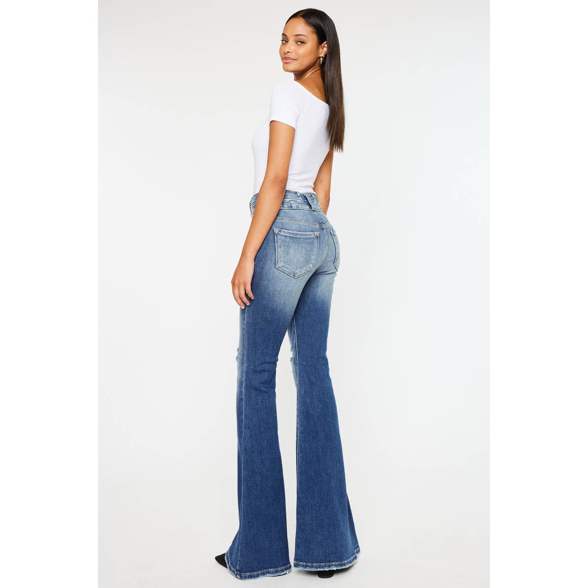Kan Can High-Rise Super Flare Western Jeans — Dark Stone Wash with Two-Button Zip Fly & Distressed Detailing (Size 7 available)