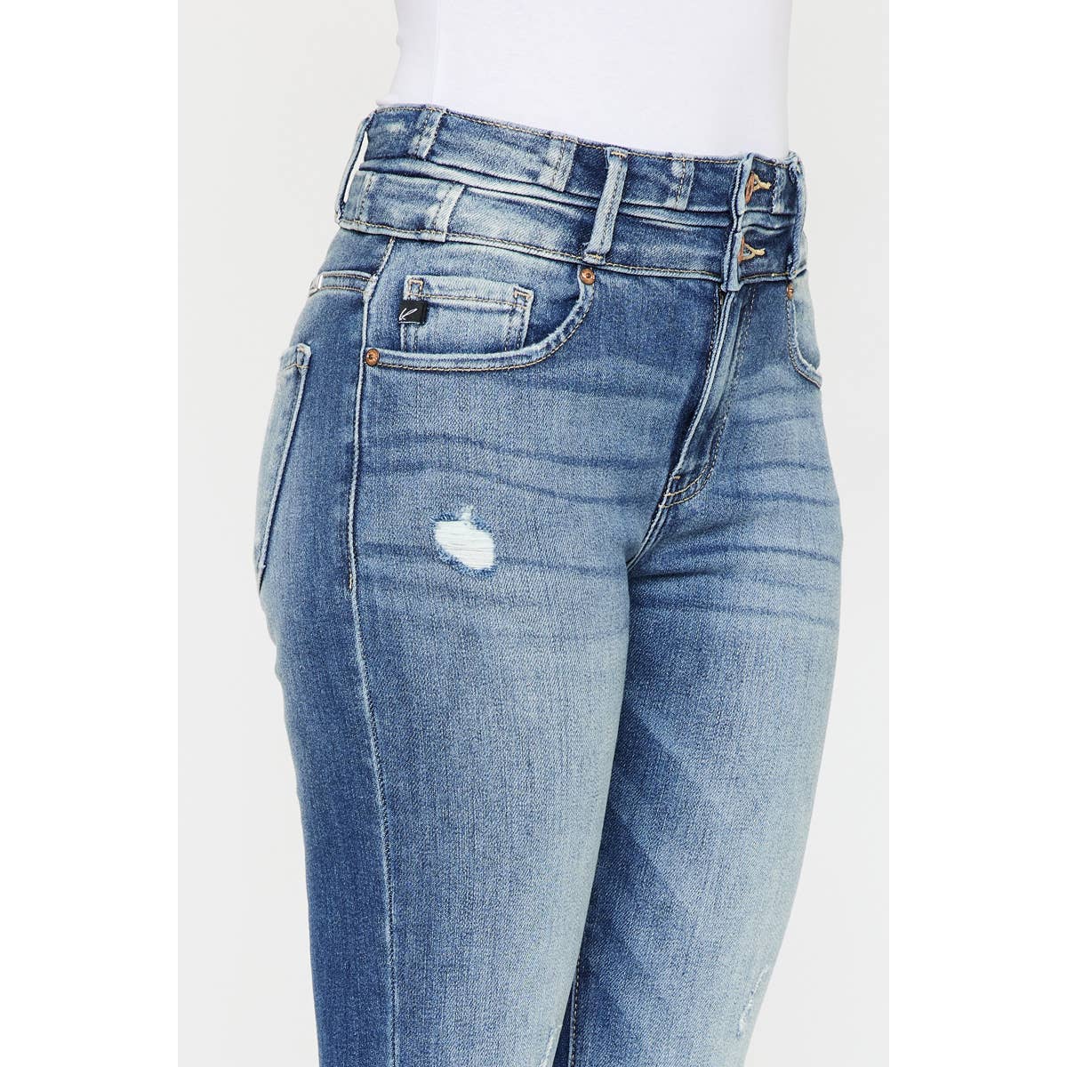 Kan Can High-Rise Super Flare Western Jeans — Dark Stone Wash with Two-Button Zip Fly & Distressed Detailing (Size 7 available)