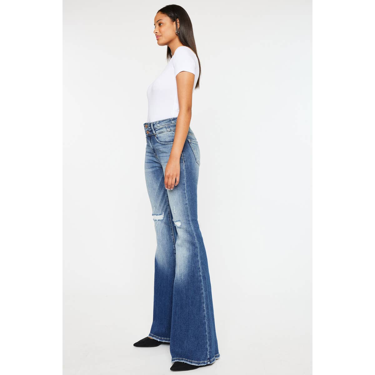Kan Can High-Rise Super Flare Western Jeans — Dark Stone Wash with Two-Button Zip Fly & Distressed Detailing (Size 7 available)