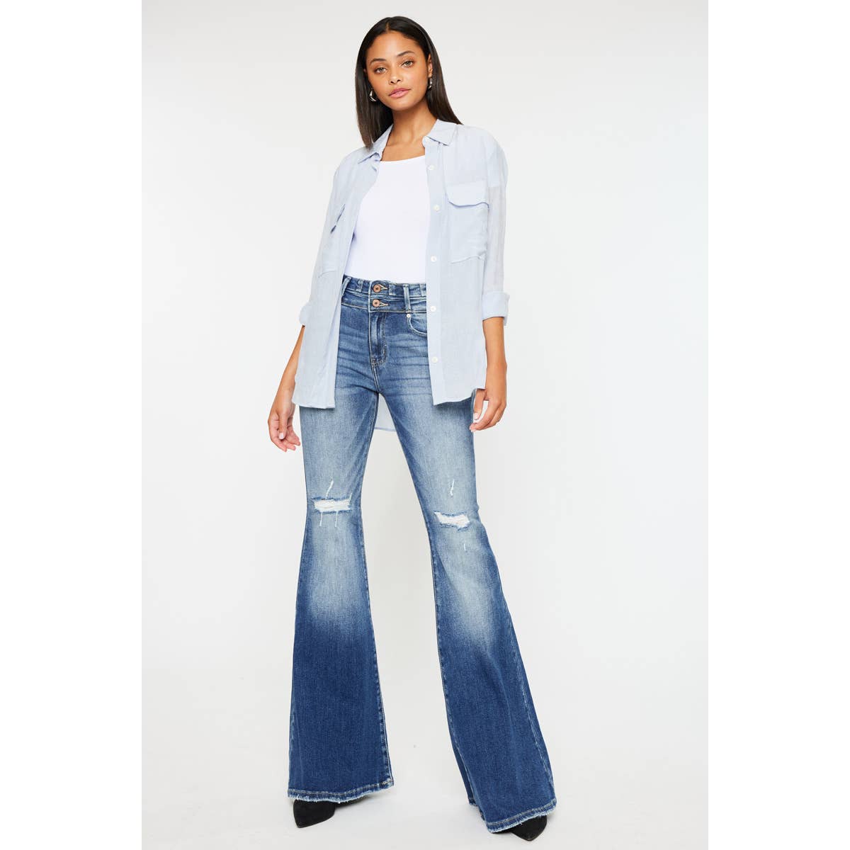 Kan Can High-Rise Super Flare Western Jeans — Dark Stone Wash with Two-Button Zip Fly & Distressed Detailing (Size 7 available)