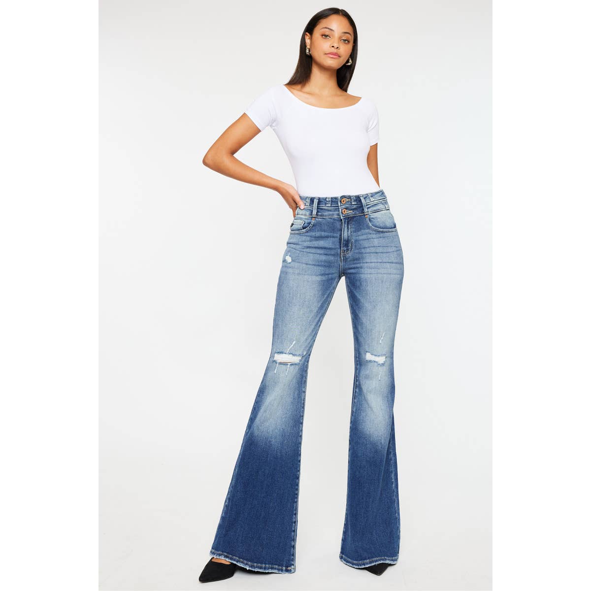 Kan Can High-Rise Super Flare Western Jeans — Dark Stone Wash with Two-Button Zip Fly & Distressed Detailing (Size 7 available)