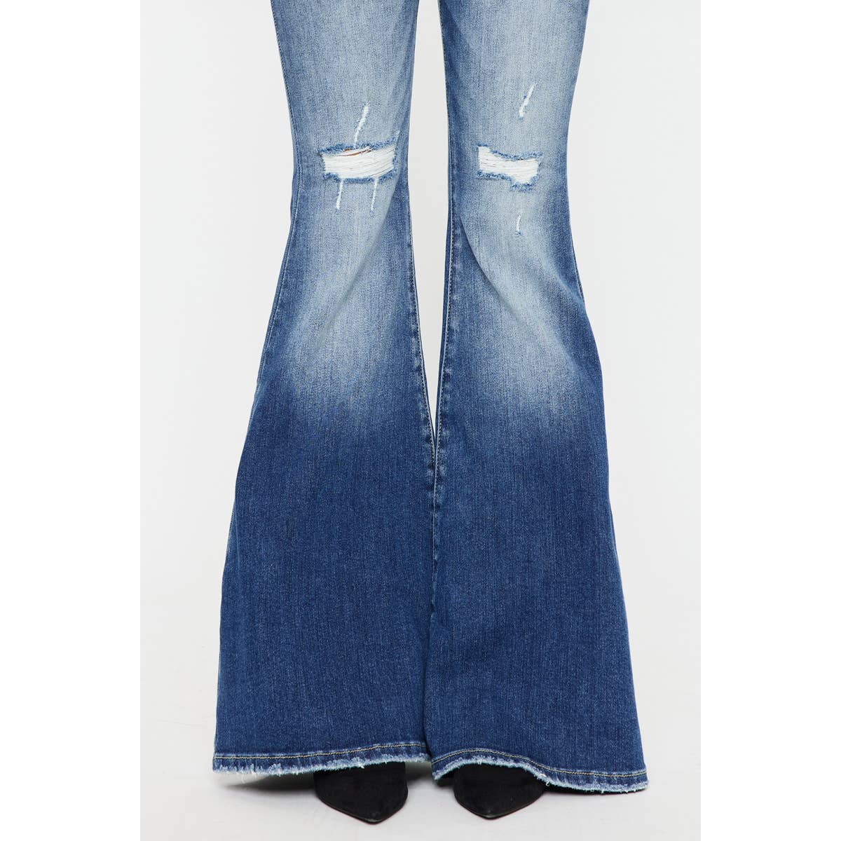 Kan Can High-Rise Super Flare Western Jeans — Dark Stone Wash with Two-Button Zip Fly & Distressed Detailing (Size 7 available)