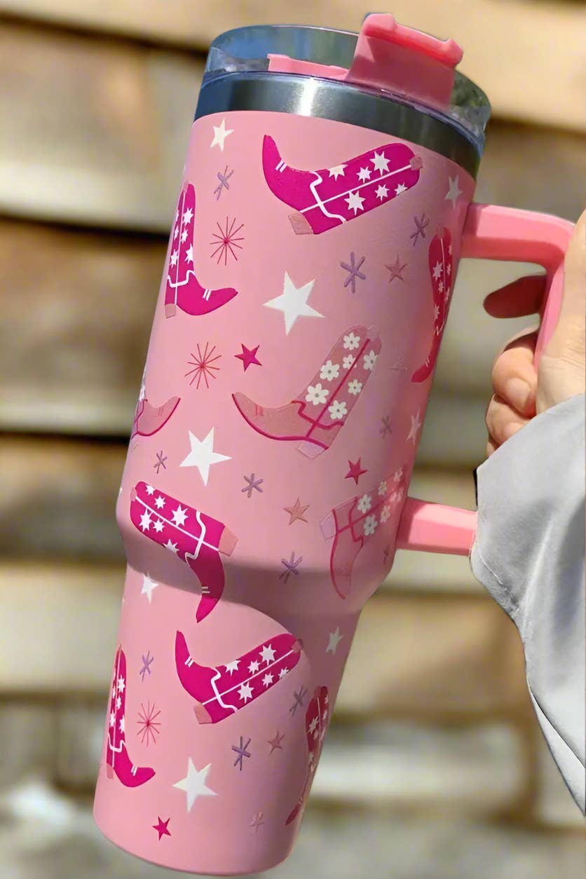 Pink Western Boot Print 40oz stainless steel tumbler with cowgirl design