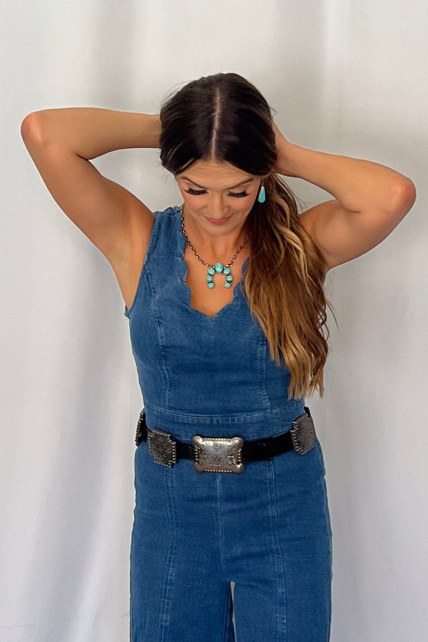 FLYING TOMATO "Rosie" Scalloped Neckline Washed Denim Western Jumpsuit — Wide-Leg with Banded Sash Belt & Back Zipper (small remains)