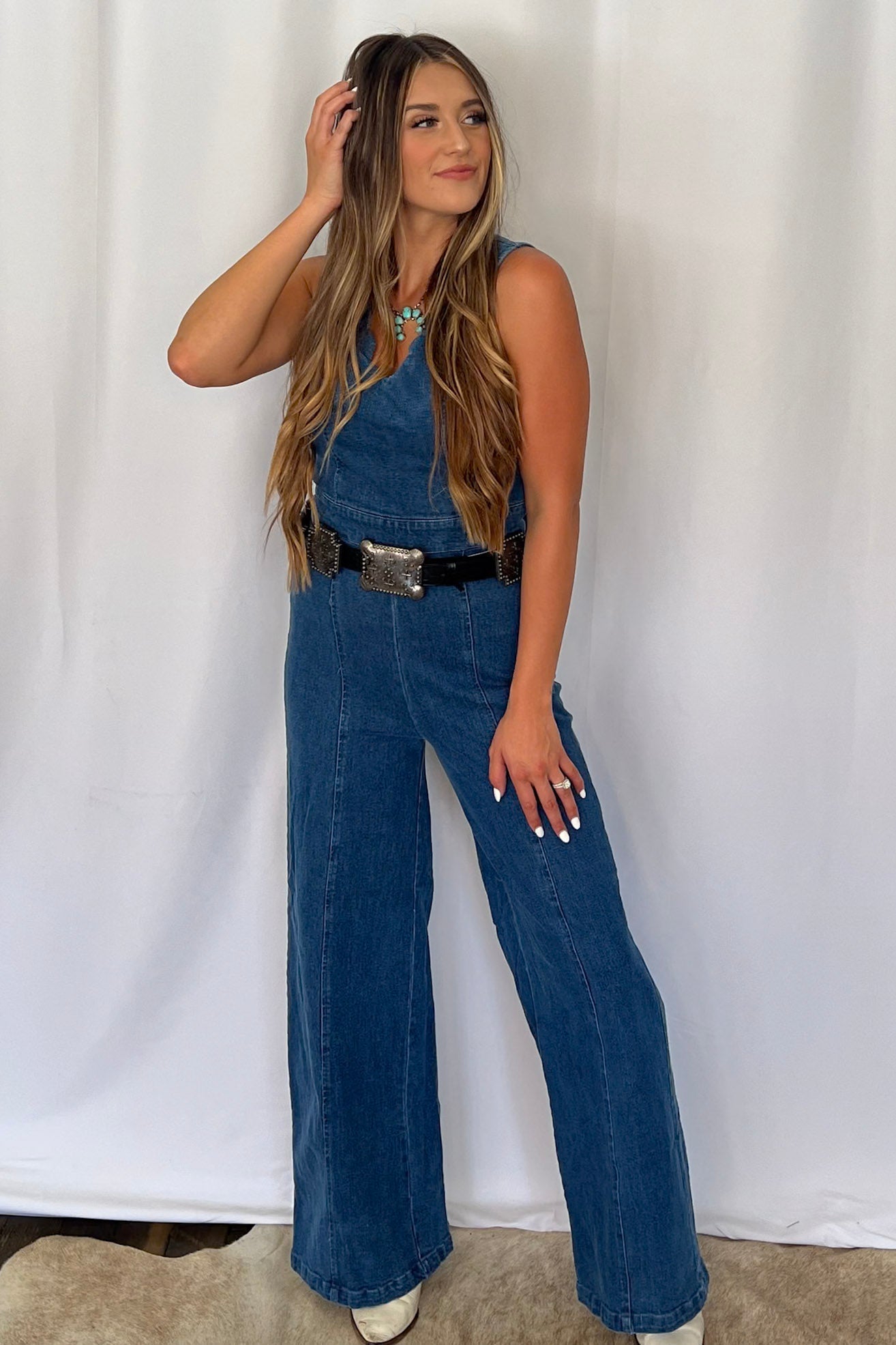 FLYING TOMATO "Rosie" Scalloped Neckline Washed Denim Western Jumpsuit — Wide-Leg with Banded Sash Belt & Back Zipper (small remains)