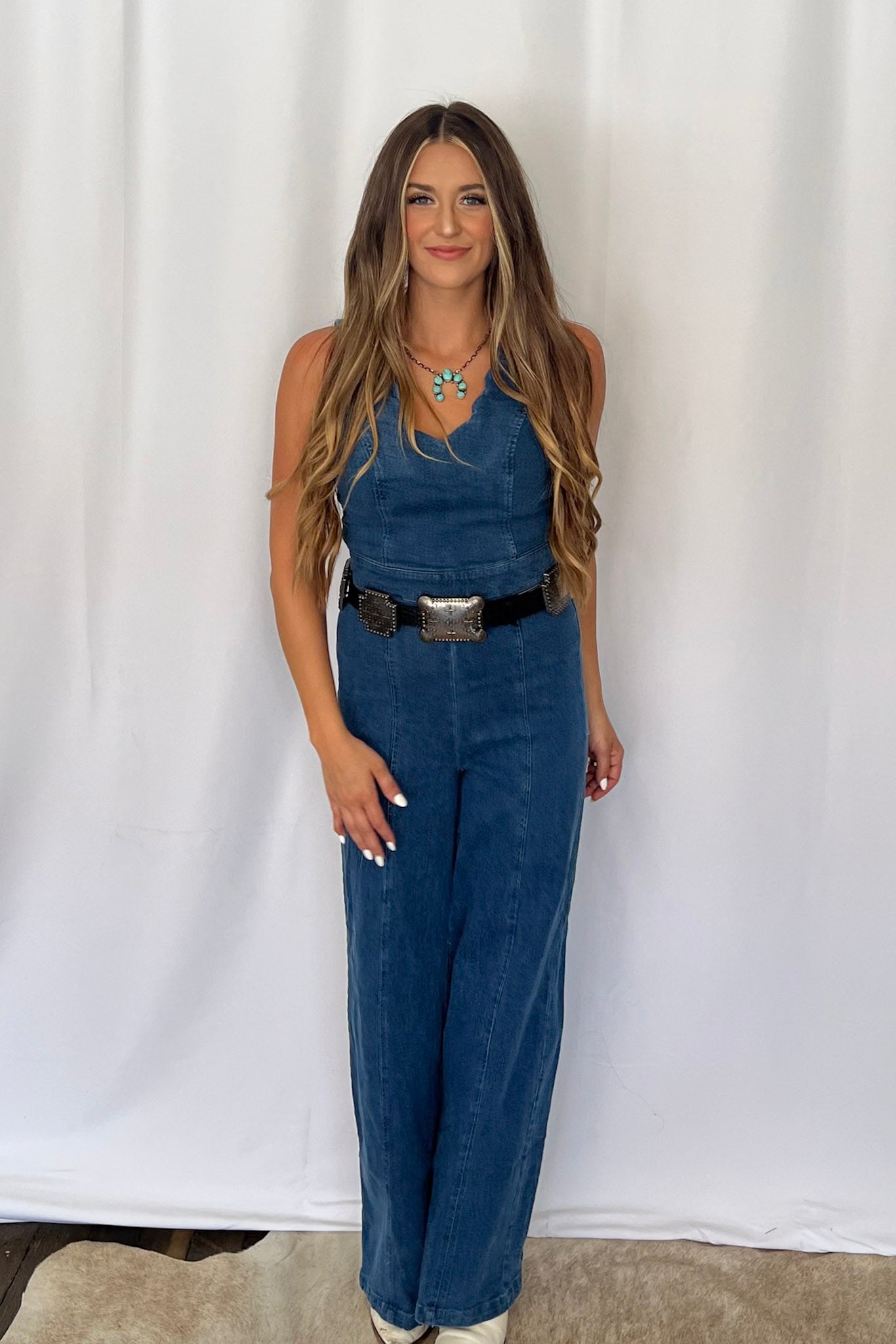 FLYING TOMATO "Rosie" Scalloped Neckline Washed Denim Western Jumpsuit — Wide-Leg with Banded Sash Belt & Back Zipper (small remains)