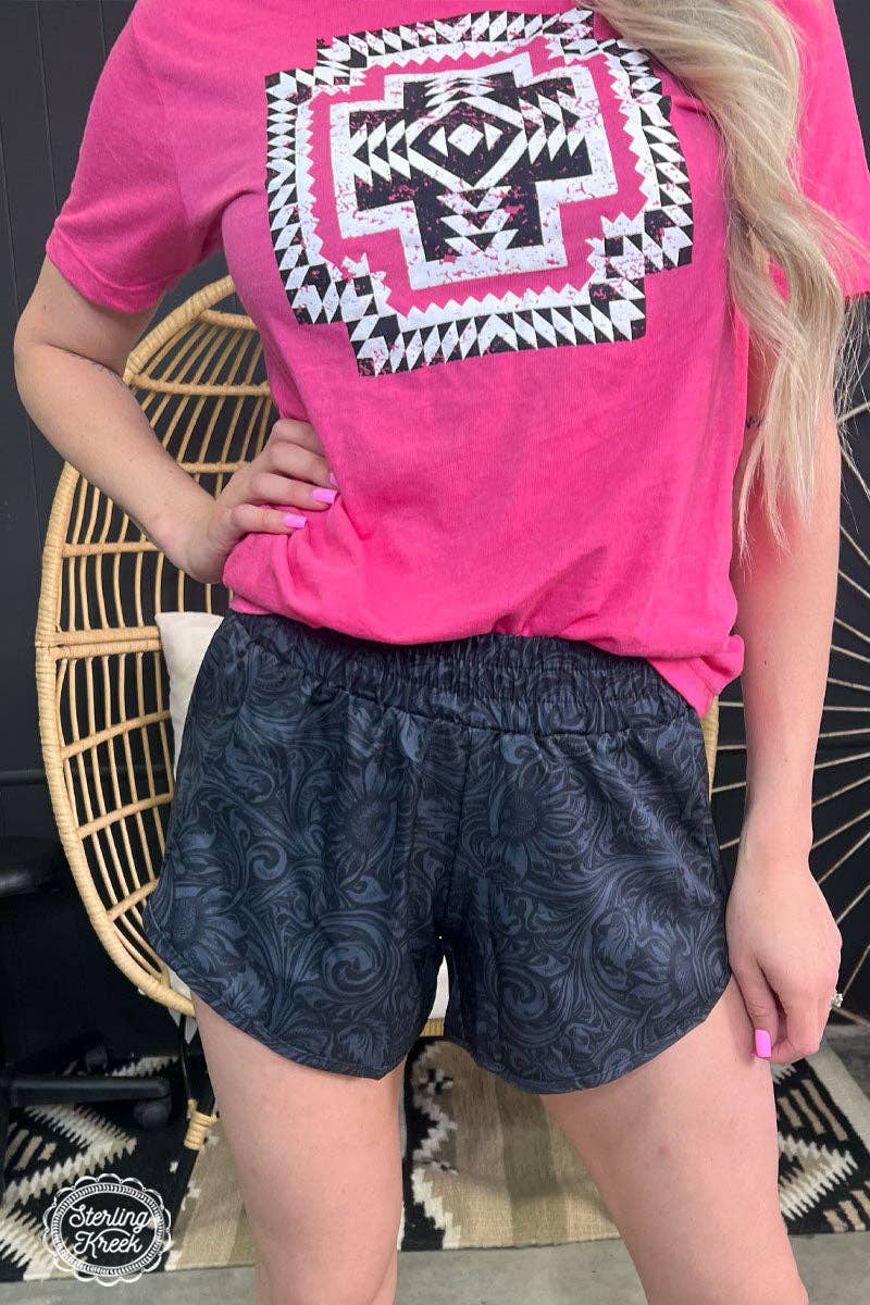 Sterling Kreek Sheridan midnight black Western shorts with statement tooled print detailing